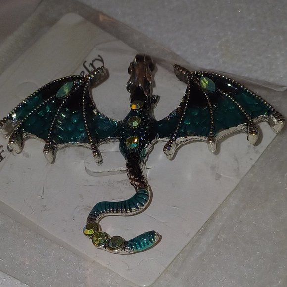NWT Dragon Flying Pteradactyl Pin Brooch Metallic Halloween Jewelry AQUA BLUE - Picture 3 of 12